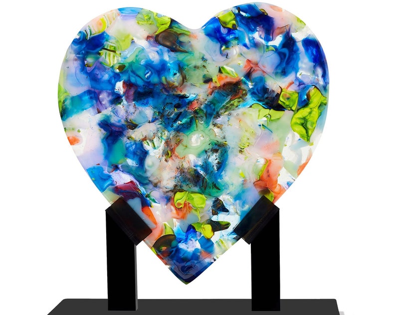 Blue Collage Heart - handmade fused glass art by Nataly Biskay