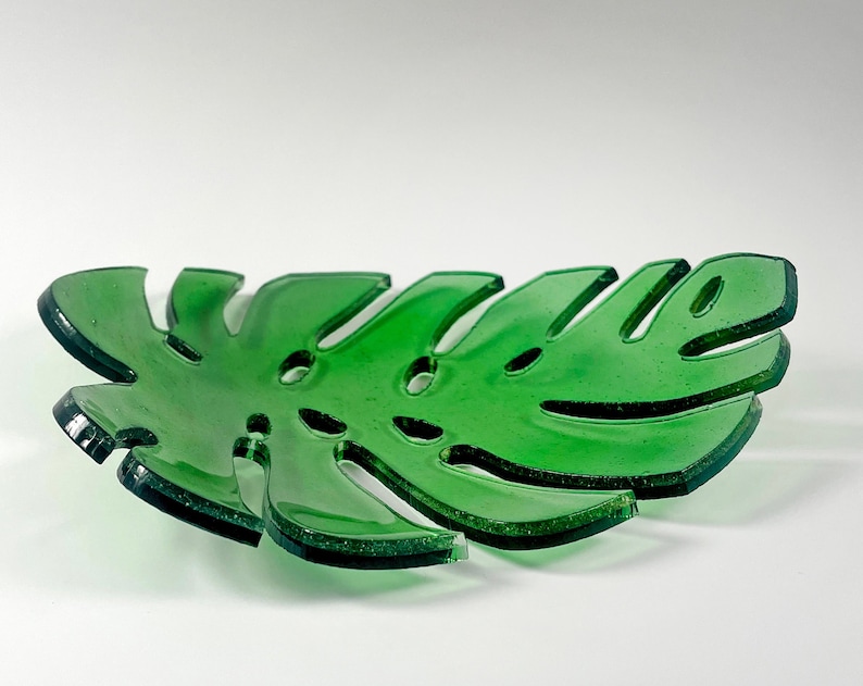 Green Monstera Leaf - handmade fused glass art by Nataly Biskay