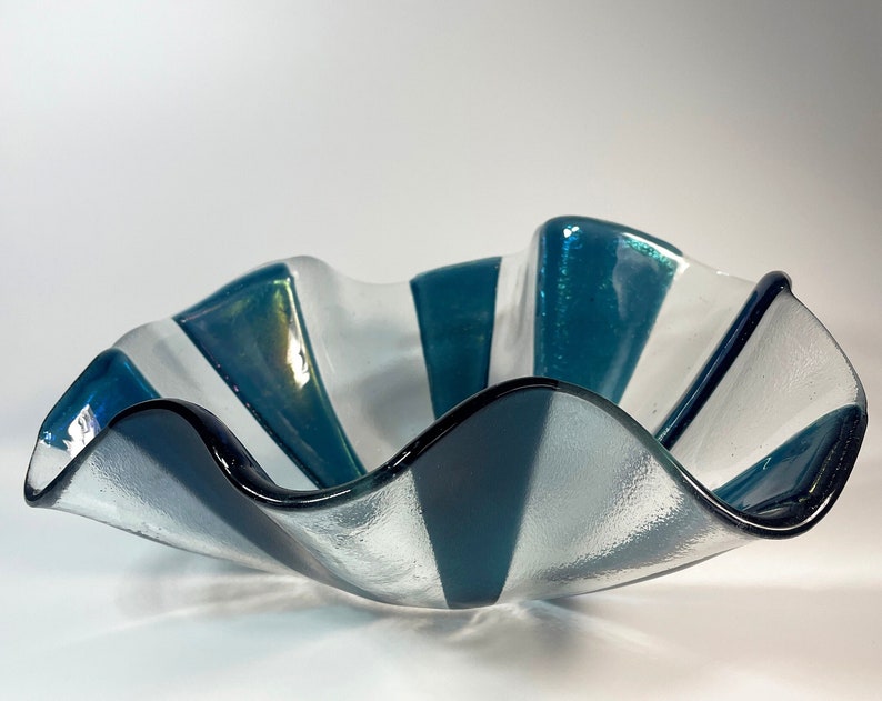 Teal and Clear Fluted Bowl - handmade fused glass art by Nataly Biskay