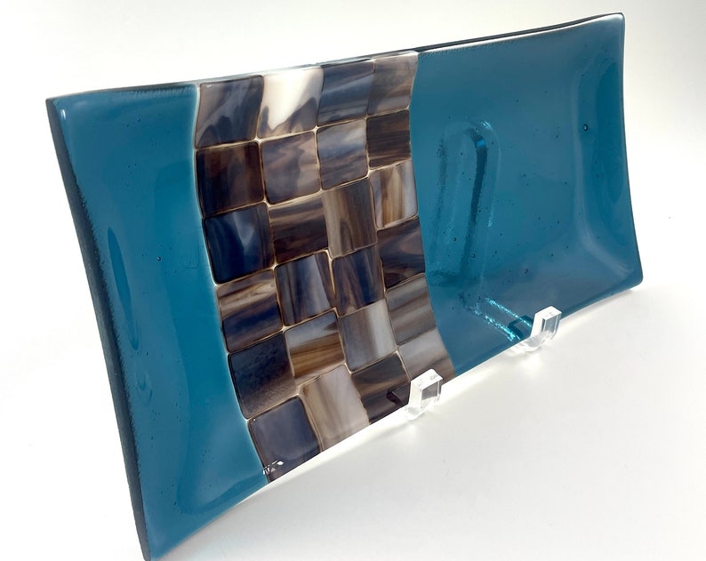Teal Mosaic Tray - handmade fused glass art by Nataly Biskay