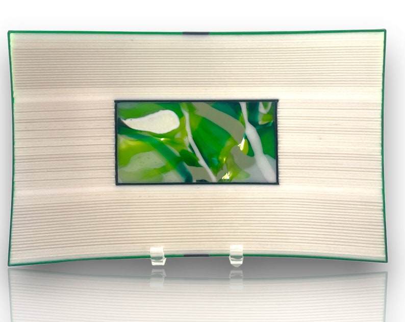 Cream and Green Tray - handmade fused glass art by Nataly Biskay