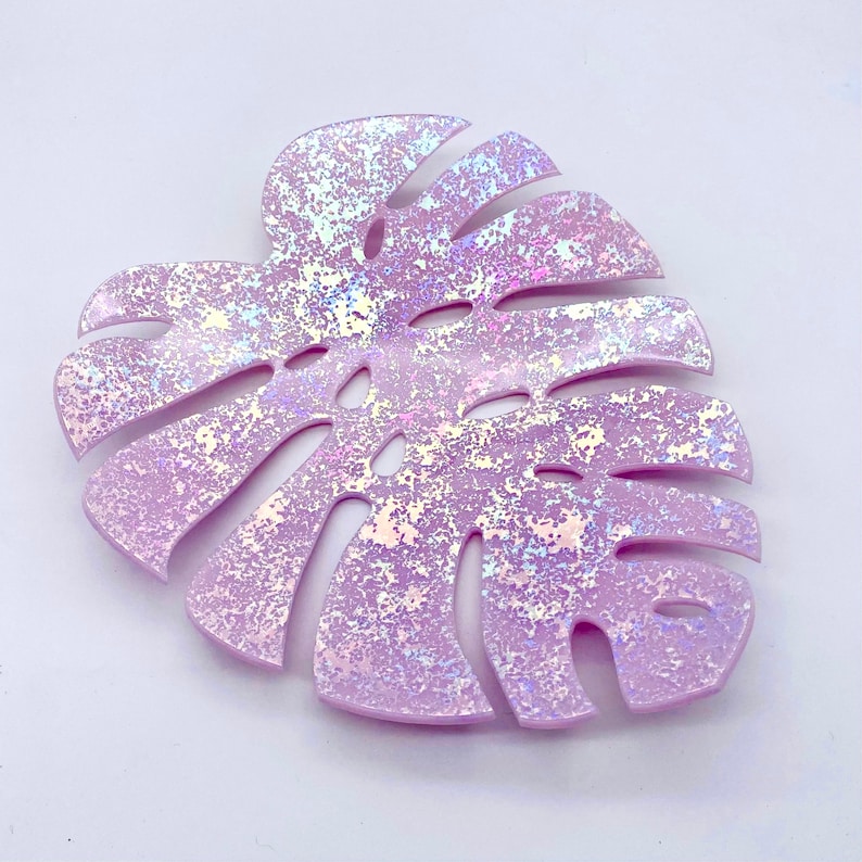 Pink Glitter Monstera Leaf - handmade fused glass art by Nataly Biskay