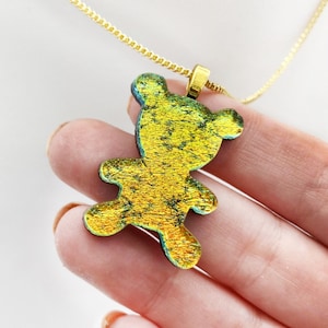 Dichroic Glass Teddy Bear Necklace: Iridescent Fused Glass Pendant