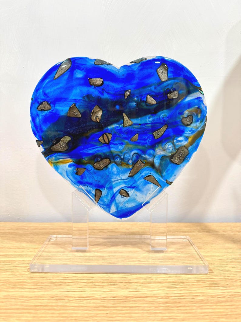 Blue and Gold Heart - handmade fused glass art by Nataly Biskay