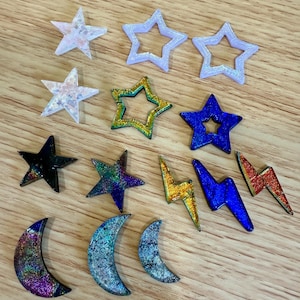 COE 90 Dichroic Glass Stars Lightening & Moons, WaterJet Cut Glass for Fused Glass Art, Kiln-Firing, Jewelry Making Supplies, Star Cabochons