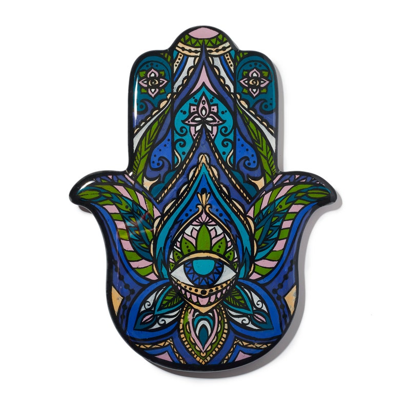 Blue Hamsa Hand - handmade fused glass art by Nataly Biskay