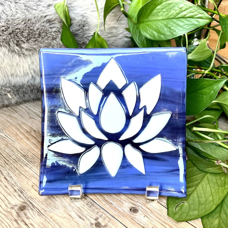 Blue Lotus Plate - handmade fused glass art by Nataly Biskay