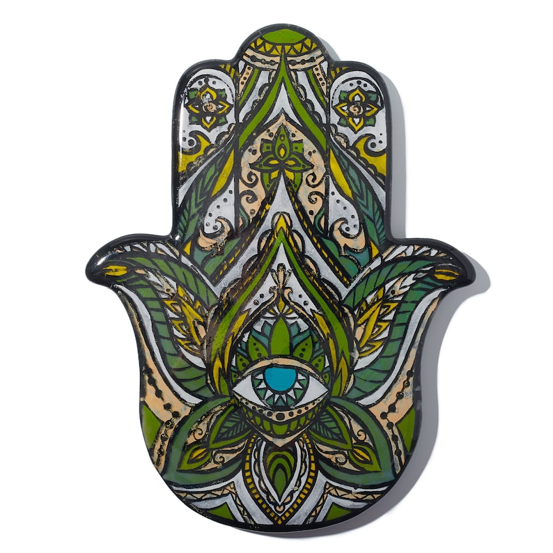 Green Hamsa Hand - handmade fused glass art by Nataly Biskay