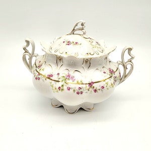 Antique MZ Austria China Covered Vegetable/Casserole Dish Rose Gold Gilt