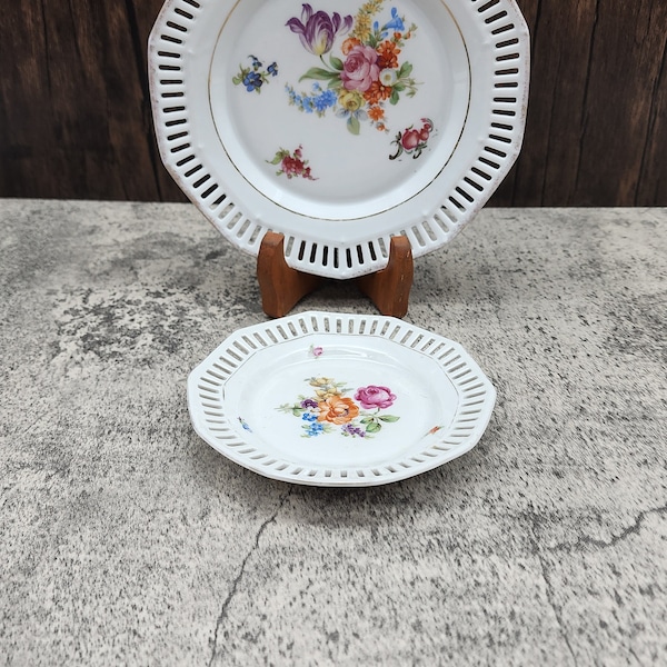 Antique Carl Schumann Bavaria Reticulated Plates Hand Painted Florals set of 2