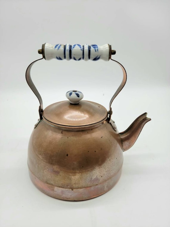 Vintage Copper Tea Kettle Blue and White Porcelain Handle Etsy
