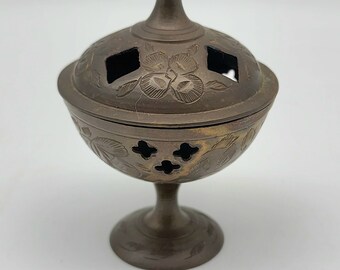 Vintage Bronze Incense Burner Hand Engraved Punched Diamond Pattern