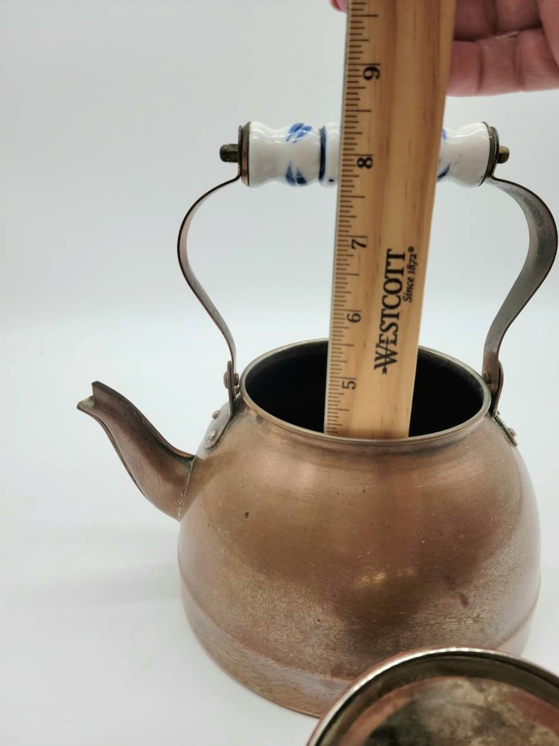 Vintage Copper Tea Kettle Blue and White Porcelain Handle Etsy
