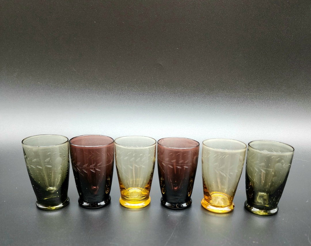 Vintage Etched Glass Shot Glasses Plum,yellow, Green Set of 6 Etsy