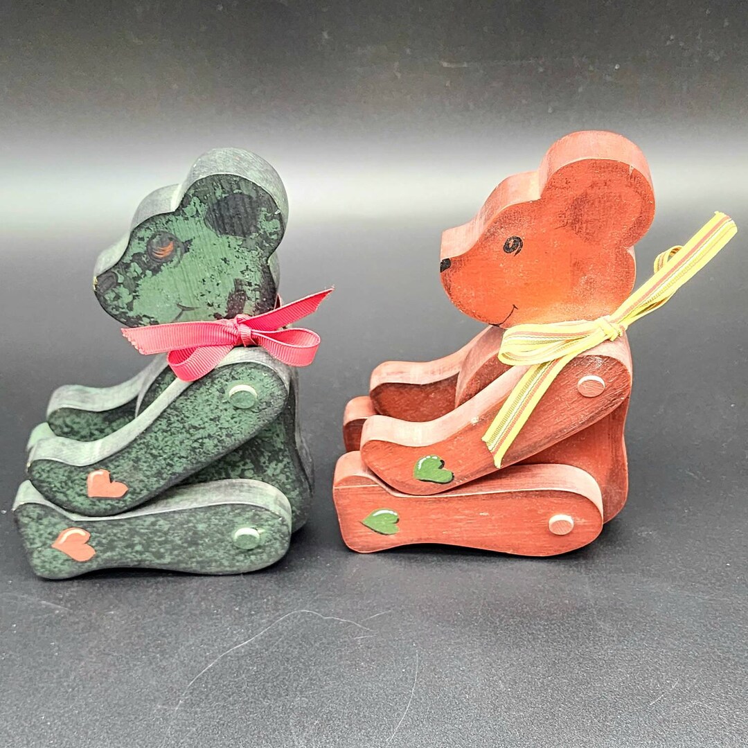 Hand Painted 1970's Wooden Teddy Bears Articulating Limbs Hearts and