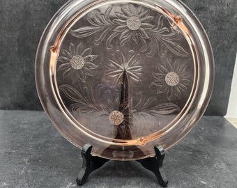 Vintage Jeanette Pink Glass Footed  Cake Plate Sunflower Design
