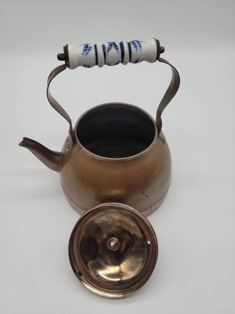 Vintage Copper Tea Kettle Blue and White Porcelain Handle Etsy
