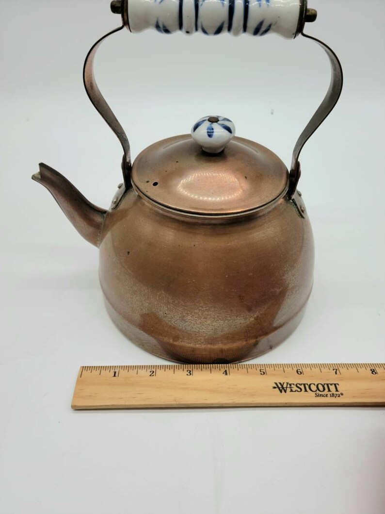 Vintage Copper Tea Kettle Blue and White Porcelain Handle Etsy