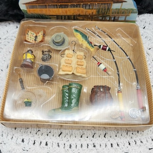 Vintage Diorama Fishing Themed Roman Inc. Ornaments and Plaque