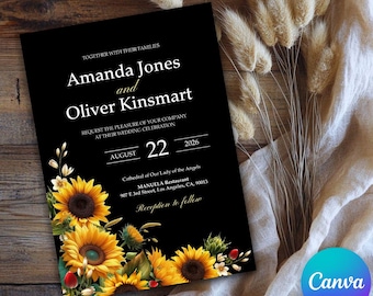 Invitación de boda rústica con girasoles, invitación de boda en negro y amarillo, anuncio de boda con flores de verano, plantilla de tarjeta de boda en el jardín