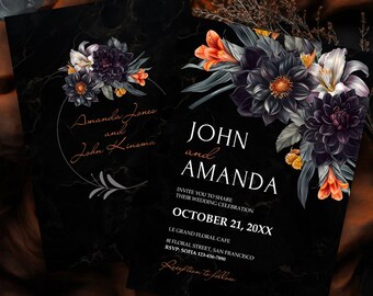 Gothic Black Burnt Orange Wedding Invitation, Black Gothic Wedding Invite, Elegant Fall Wedding Suite, Moody Dark Floral Wedding