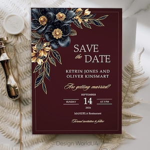 バーガンディとゴールドのSave the Date、エレガントなワインレッドの結婚式招待状、ゴールドの花柄の結婚式カード、豪華な結婚式、バーガンディの結婚式招待状