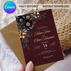 Burgundy & Gold Wedding Invitation, Elegant Wine Red Wedding Template, Gold Floral Wedding Card, Luxury Wedding, Formal Fall Wedding Invite