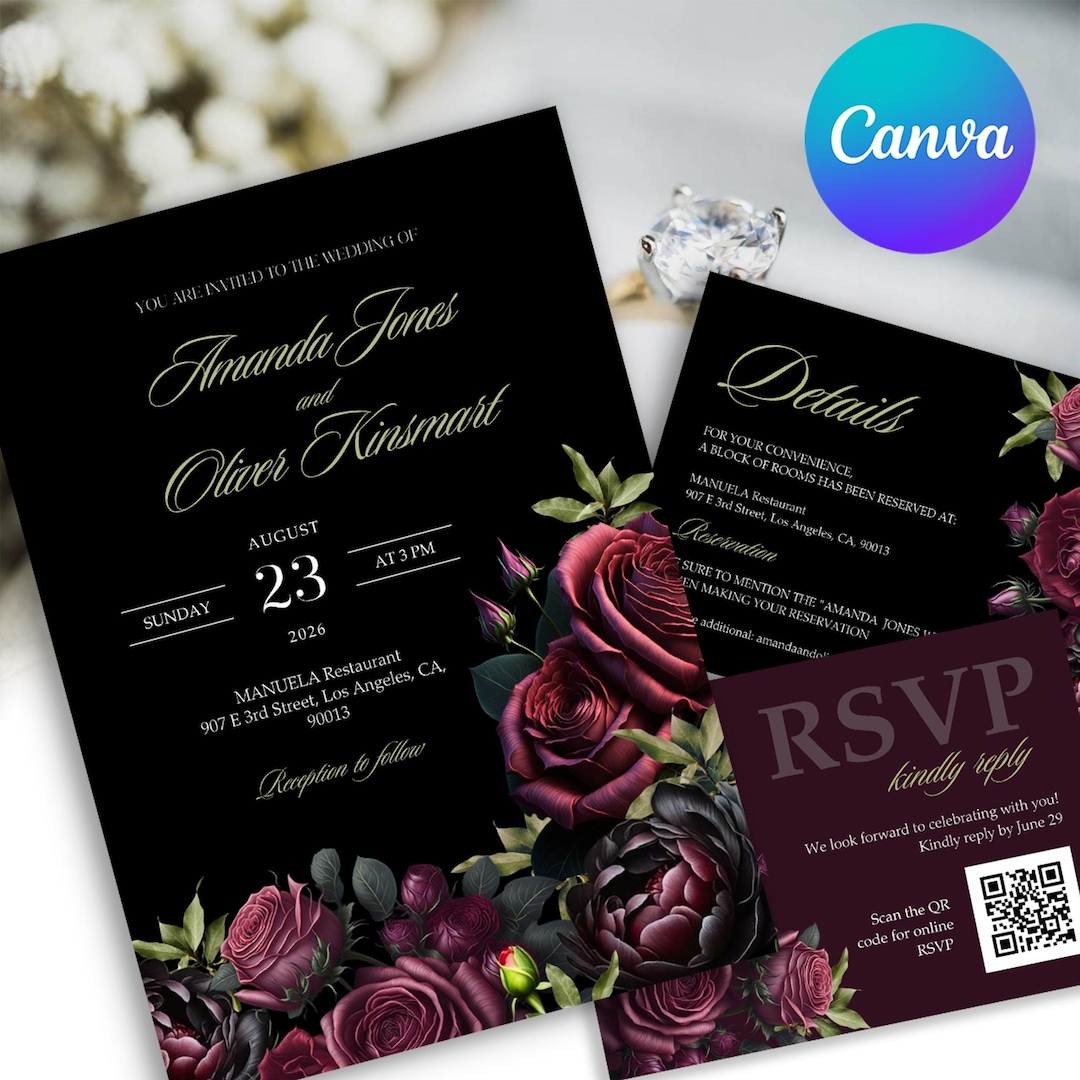 Black & Burgundy Roses Wedding Invitation Set Moody Dark Wedding Invite ...