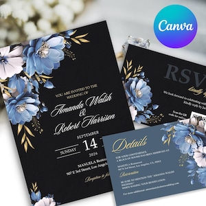 Dusty Blue Gold Wedding Invitation Set, Moody Blue Flowers Invite, Gold Foil Leaves, Calligraphy, Blue & Black Luxury Wedding Invite, RSVP