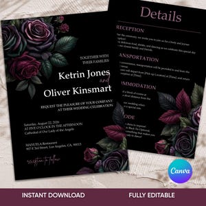 Moody Floral Black Wedding Invitation, Dark Gothic Wedding Invite, Gothic Floral Wedding Invite, Black Goth Wedding Invitation Bundle, RSVP