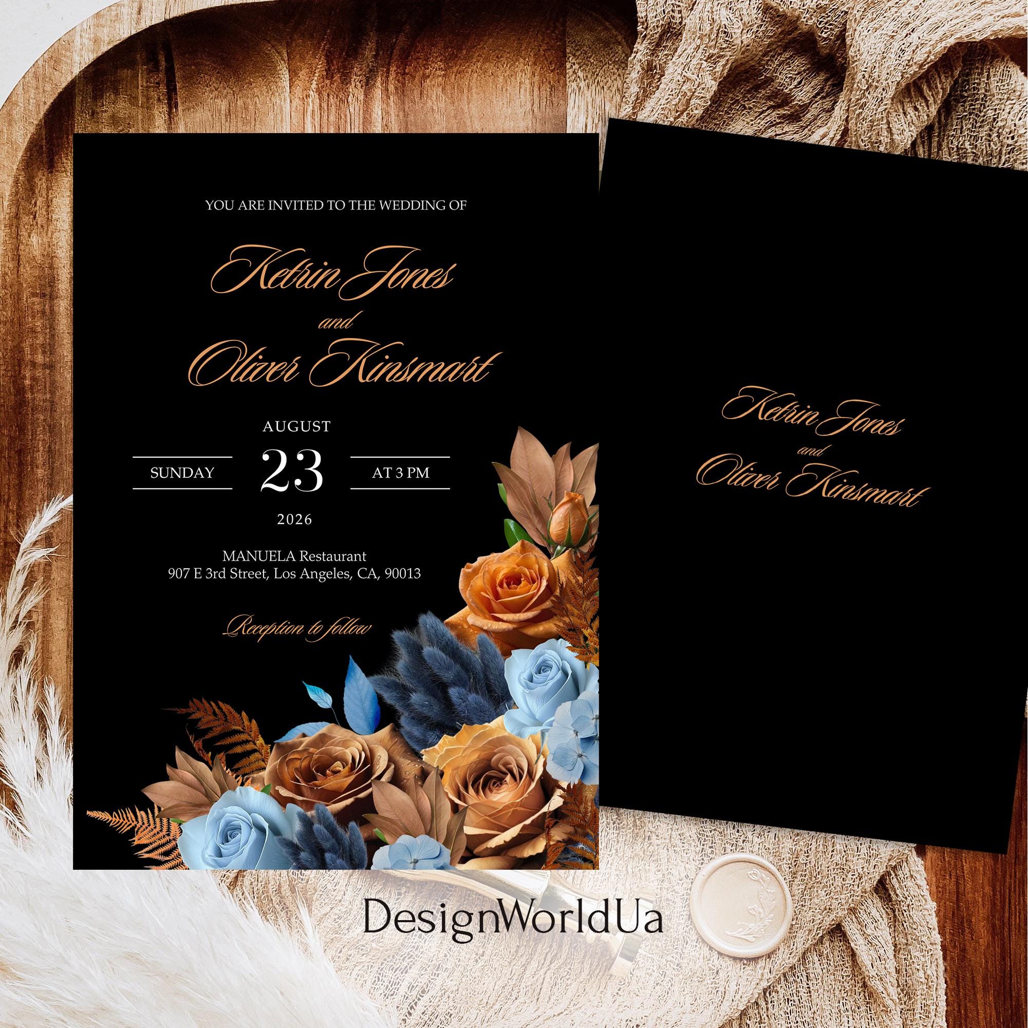 Rust & Dusty Blue Wedding Invitation SET Moody Terracotta Floral ...