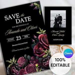 Burgunderrote Rosen Save the Date, Stimmungsvolle schwarze Hochzeitseinladung, elegante klassische Blumenhochzeitseinladung, schwarze Weinrote Hochzeit, dunkle Romanze