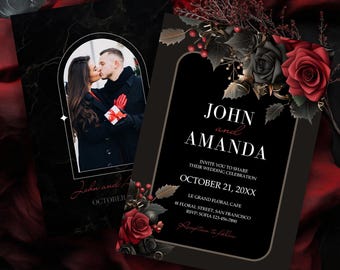 May include: Black wedding invitation with a photo of a couple kissing, and a floral design with red roses and black accents. The invitation includes the names "John and Amanda", event details, and venue information. The words "Fully Editable" and "Instant Download" are at the top.