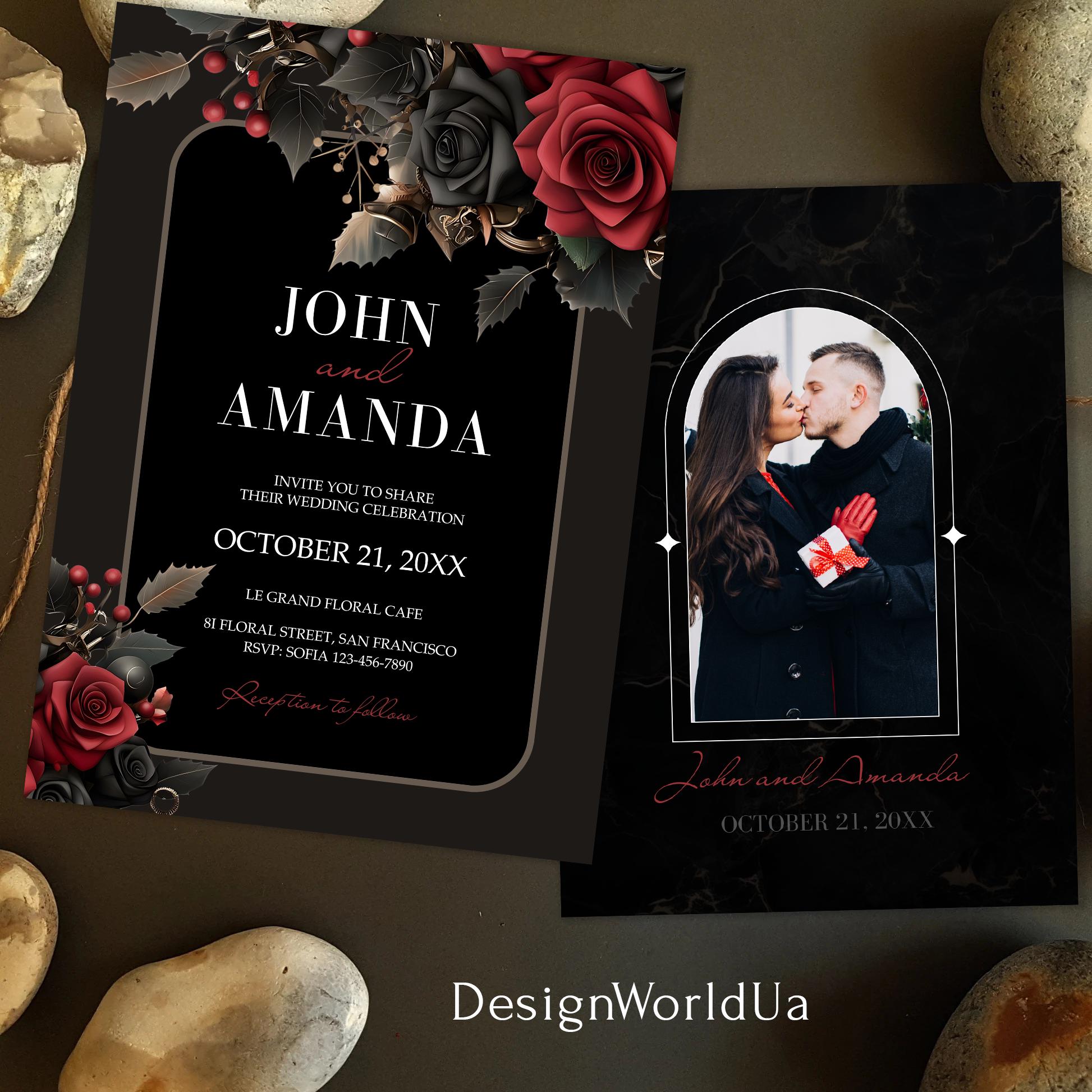 Burgundy Gothic Wedding Invitation Template, Black & Red Rose Invite ...