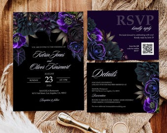 May include: A wedding invitation suite featuring a black background with purple and dark blue floral accents. The invitation includes the names Kedrin Jones and Oliver Kinsmart, the date August 23, 2026, and RSVP details.