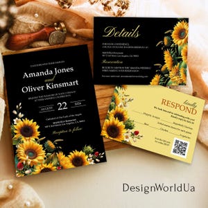 Sonnenblumen-Hochzeitseinladungs-Set, schwarze & gelbe Hochzeitsdetails, rustikale Blumenhochzeitsankündigung, Sommerhochzeitskarte, Herbsthochzeit