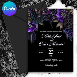 Schwarz lila Hochzeitseinladung, Goth Romanze Einladung, schwarz und dunkel lila Blumen, gotische Hochzeit einladen, Halloween schwarze Hochzeit