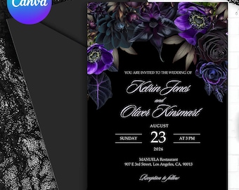 May include: Black wedding invitation with purple and dark blue floral arrangement. The invitation includes the names Ketrin Jones and Oliver Kinsmart, date August 23, 2026, and the location of the reception.