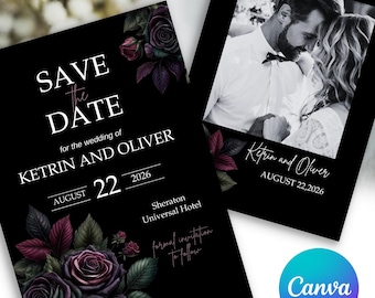 Humeurig GOTHIC Black Save the Date, donkere gotische bloemen bruiloft uitnodiging, Goth Spooky bruiloft uitnodiging, Black Goth bruiloft details, donkere romantiek