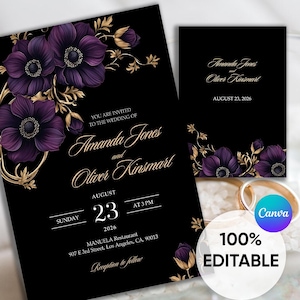 Moody Purple Gold Wedding Invitation, Black Floral Wedding Invite, Elegant Black Purple Wedding, Gothic Wedding Invite, Dark Purple Floral