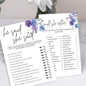 He Said She Said Bridal Shower Games Purple, Wedding Game Cards, Lavender Bridal Party Game, Lilac Wedding Game