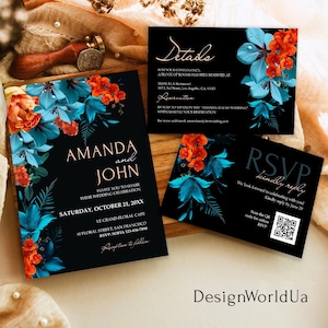 Burnt Orange and Teal Wedding Invitation Set, Moody Orange Teal Invite, Fall Wedding, Blue Orange Wedding Invite, Dark Teal Floral Wedding
