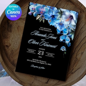 Elegant Blue Orchid Wedding Invitation Template, Moody Dusty Blue Floral Wedding, Black Background Orchid Design, Royal Blue Flowers, Canva