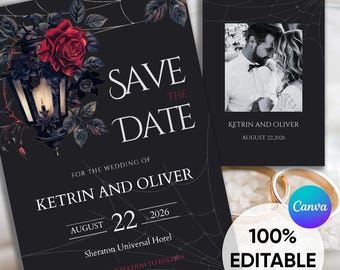 Gothic Save the Date met foto, donkere humeurige huwelijksuitnodiging, zwarte spookachtige huwelijksuitnodiging, Halloween-bruiloftsuitnodiging, bruiloft met rode roos