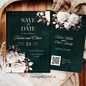 Emerald Green & White Roses Save the Date, Dark Green and Gold Floral Save the Date Emerald Green, Forest Green Elegant Wedding Card