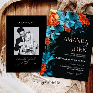 Orange and Teal Wedding Invitation, Moody Burnt Orange Invite, Fall Wedding, Blue Orange Wedding Invite Editable, Dark Teal Floral Wedding