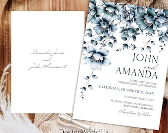 Baby Blue Floral Wedding Invitation Template, Dusty Blue Editable Invite, Modern Light Blue Wedding, Sky Blue Floral Wedding