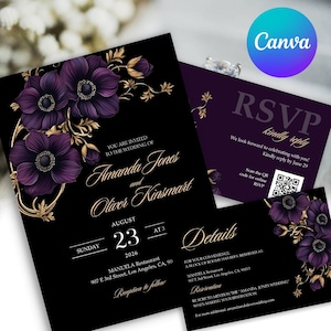 Dark Purple and Gold Wedding Invitation Set, Moody Black Wedding Invite, Elegant Purple Floral Wedding, Deep Purple Gothic Wedding Invite