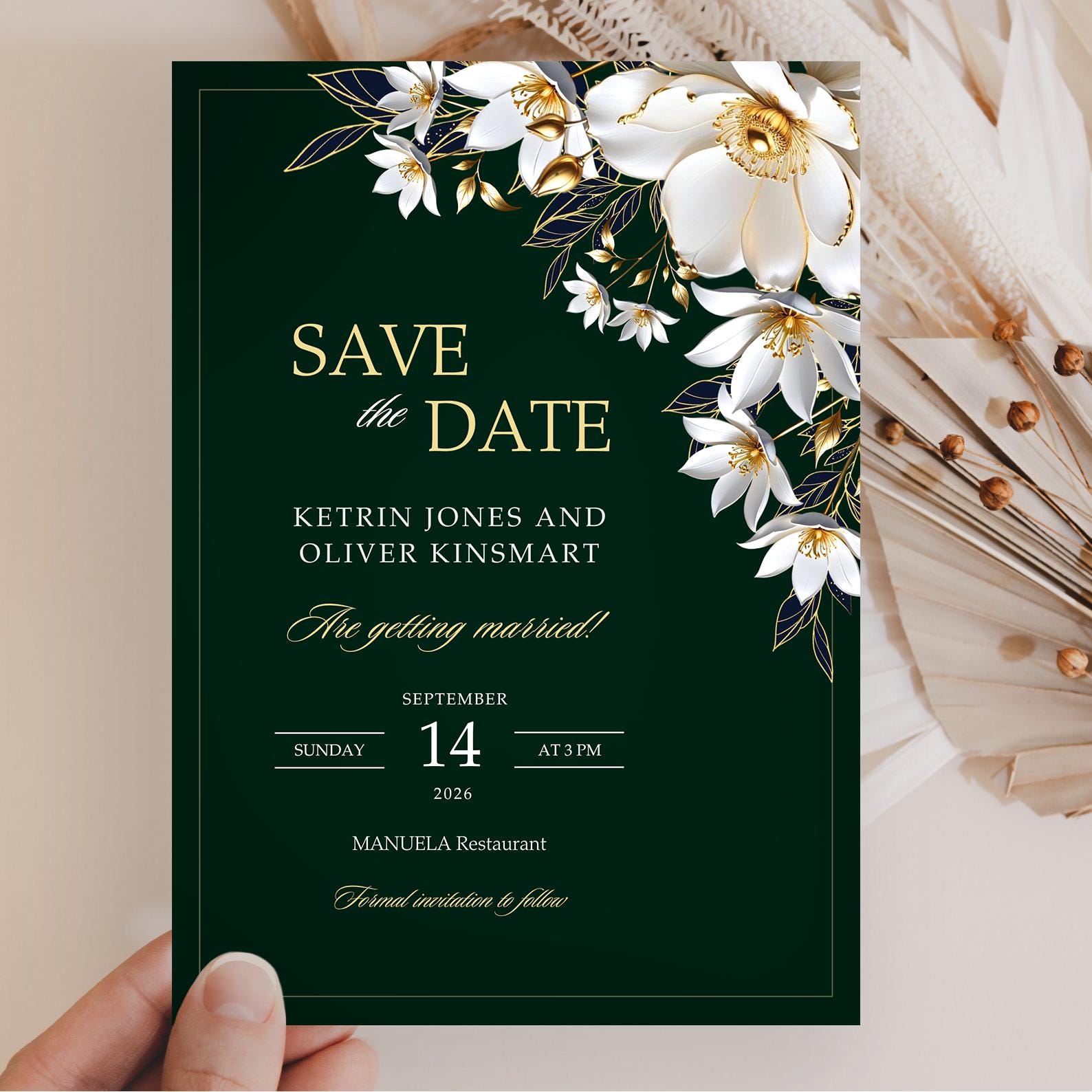 Dark Green & Ivory Save the Date, Elegant Gold Floral Wedding
