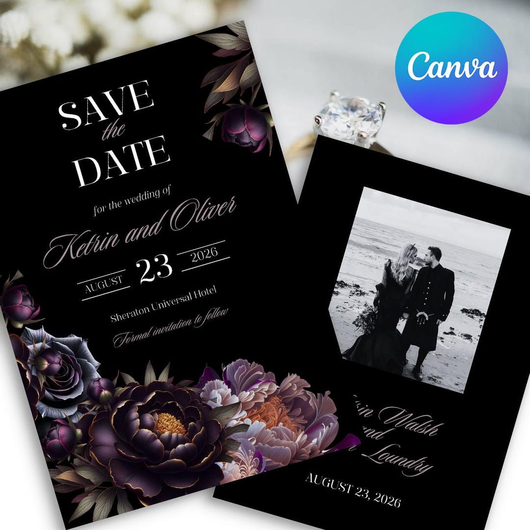 Save the Date Black Purple, Dark Gothic Floral Wedding Invite